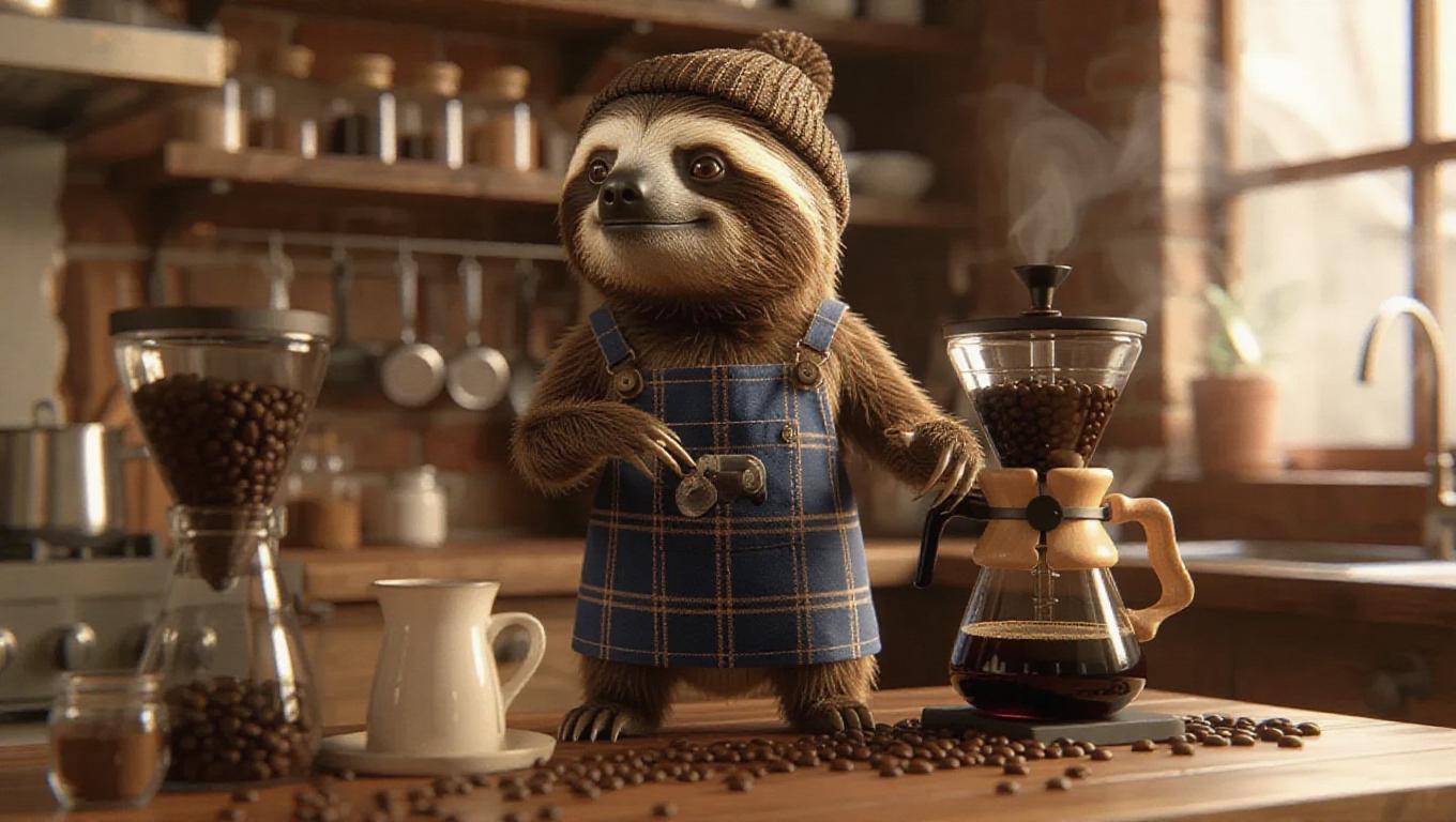 A 3D sloth image wearing a hipster apron and beanie, standing upright ...