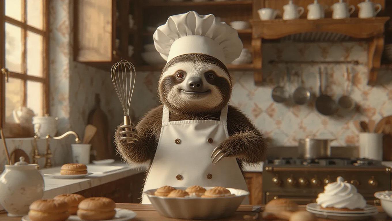 A 3D sloth image wearing a classic chef’s apron and chef hat, standing ...