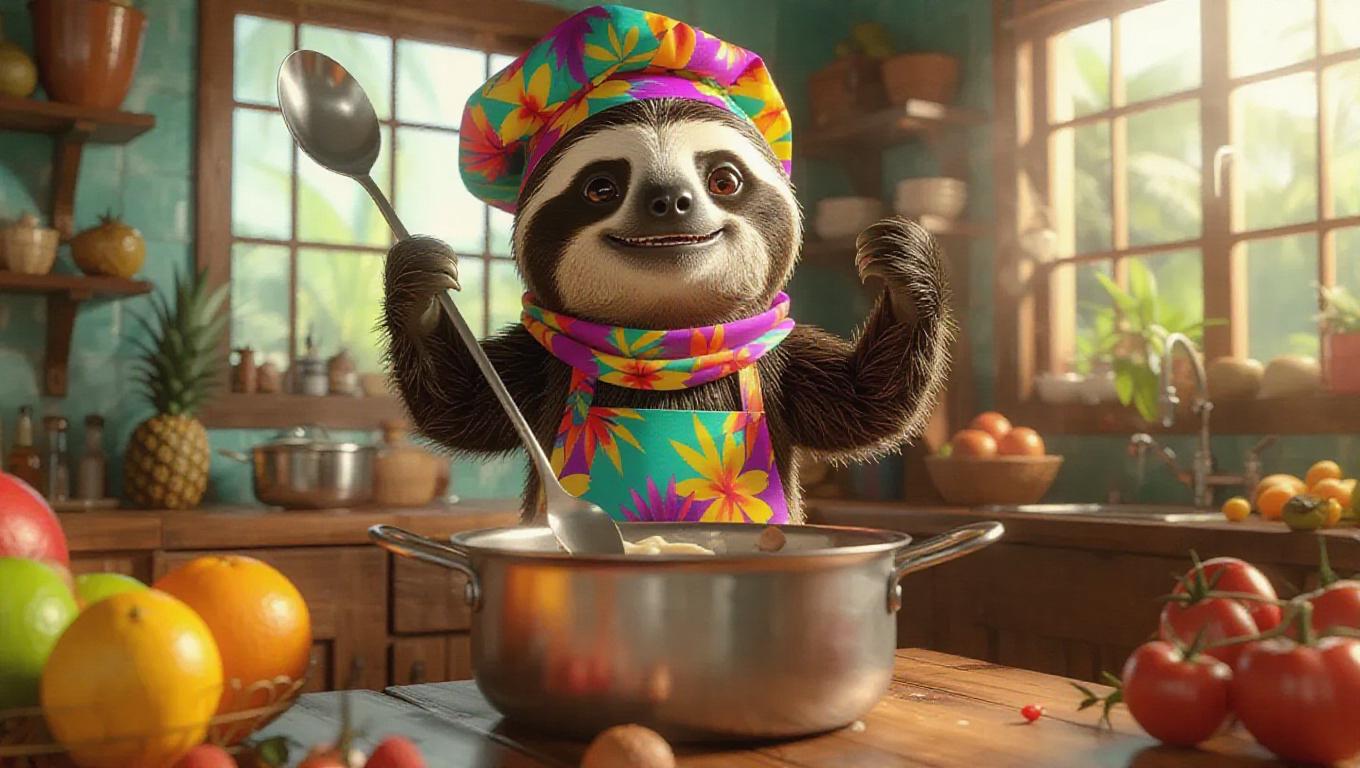 A 3D sloth image wearing a vibrant chef's apron and a colorful scarf ...