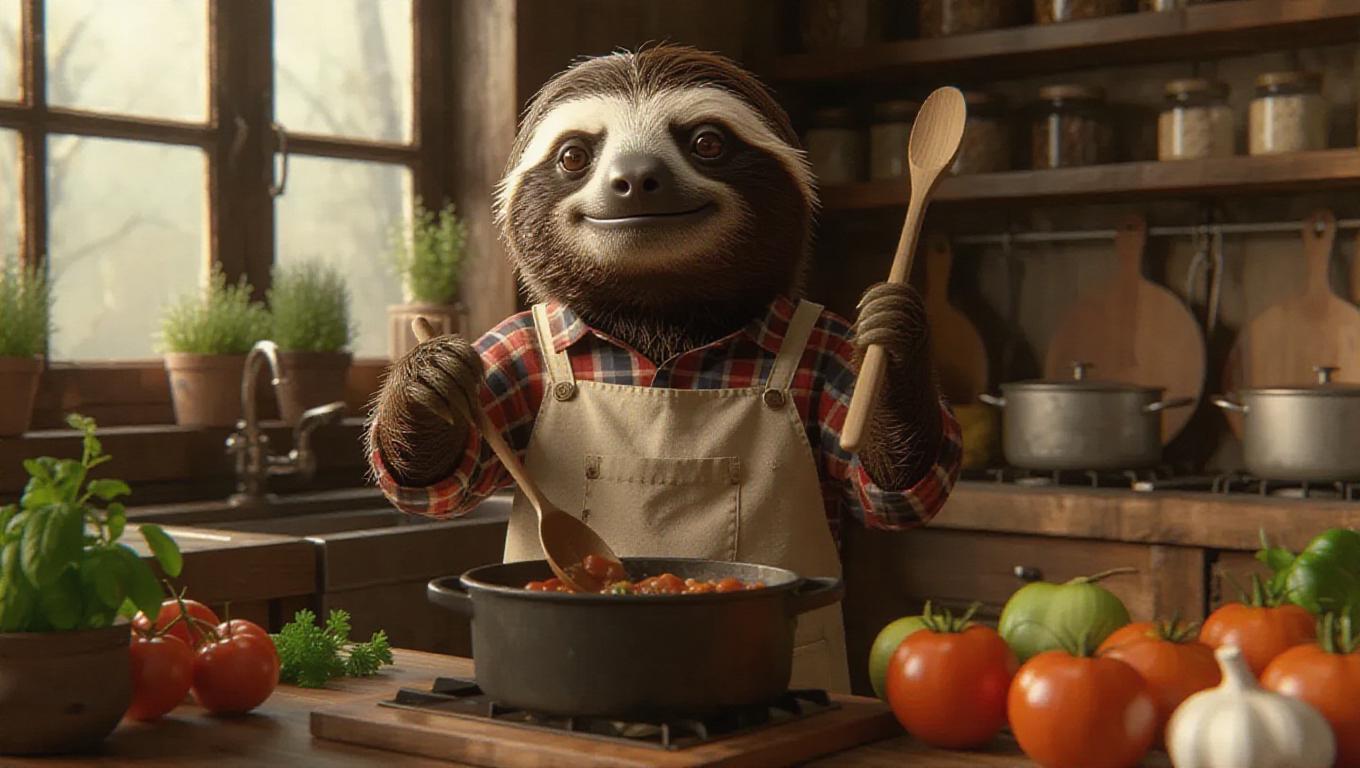 A 3D sloth image wearing a rustic apron and plaid shirt, standing ...