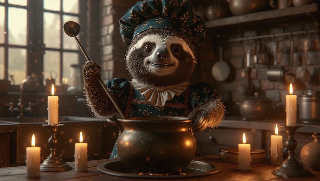 A 3D sloth image wearing a historical chef's outfit and bonnet ...