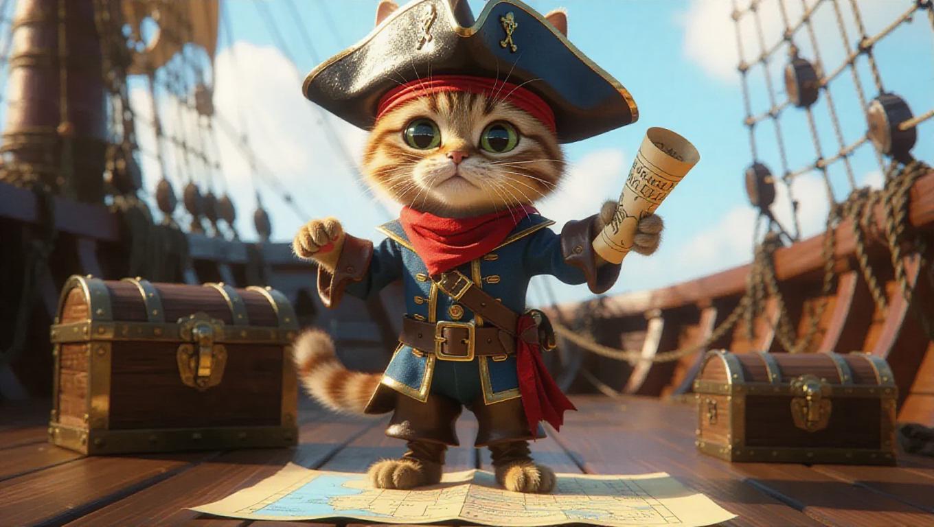 A 3D cat image wearing a pirate's outfit and hat, standing upright on ...
