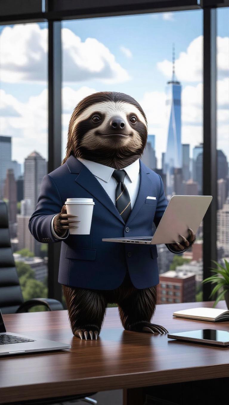 A 3D sloth image wearing a business suit and tie, standing upright on ...