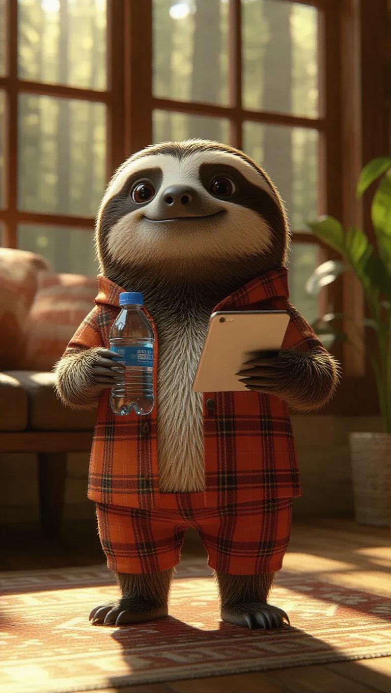 A 3D sloth image wearing a casual outfit, standing upright on two legs ...