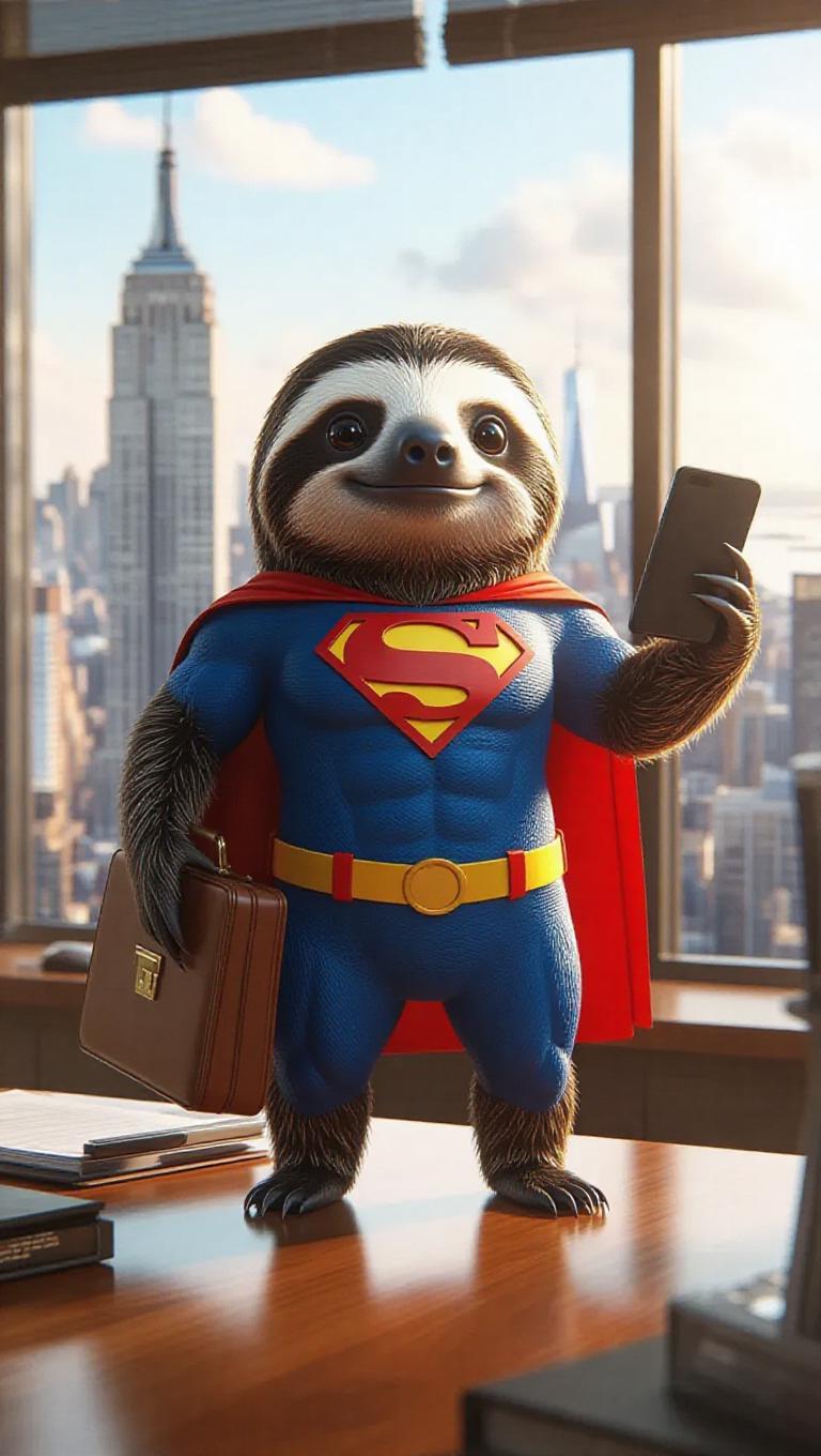 A 3D sloth image wearing a superhero costume, standing upright on two ...