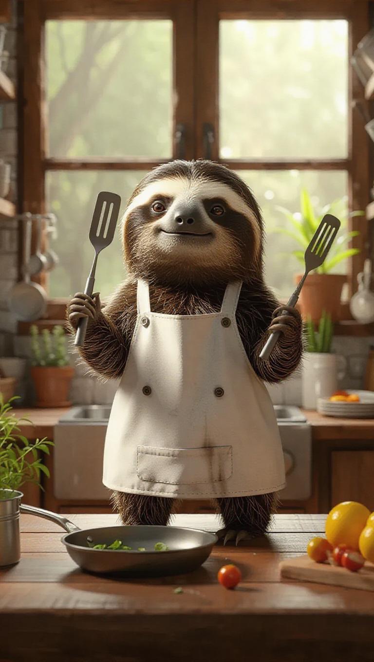 A 3D sloth image wearing a chef's apron, standing upright on two legs ...