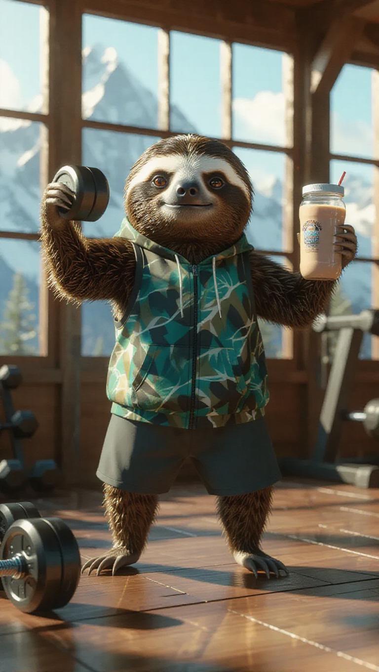A 3D sloth image wearing workout gear, standing upright on two legs ...