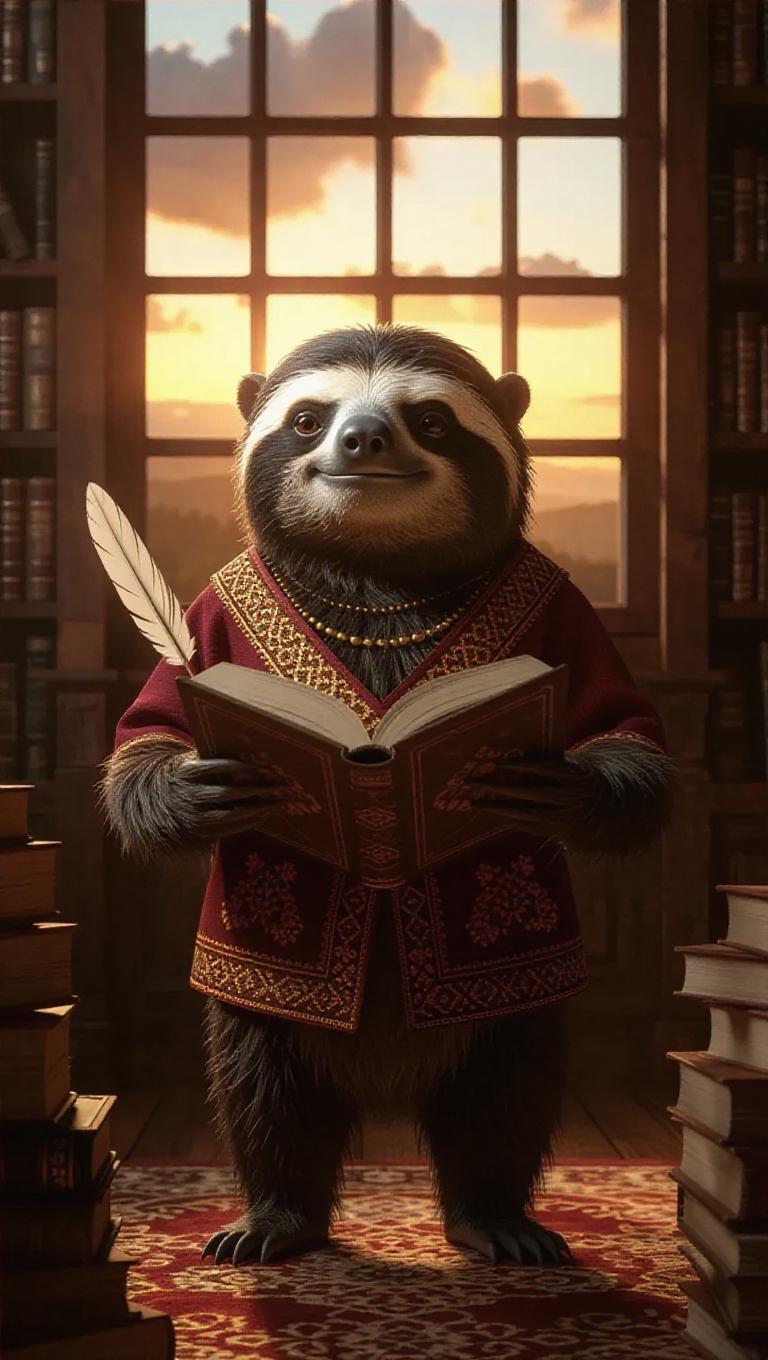 A 3D sloth image wearing a traditional outfit, standing upright on two ...