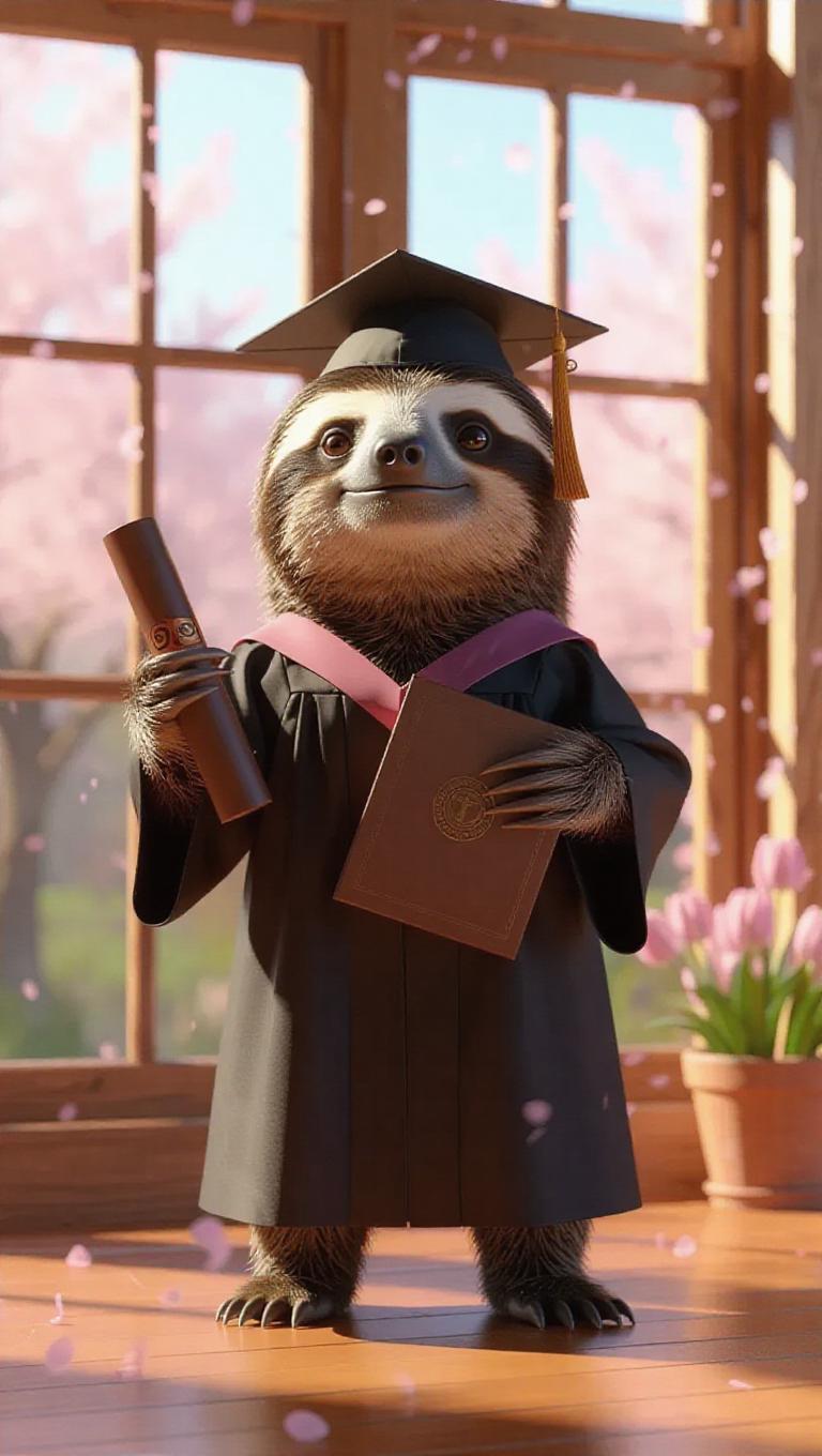 A 3D sloth image wearing a graduation gown, standing upright on two ...