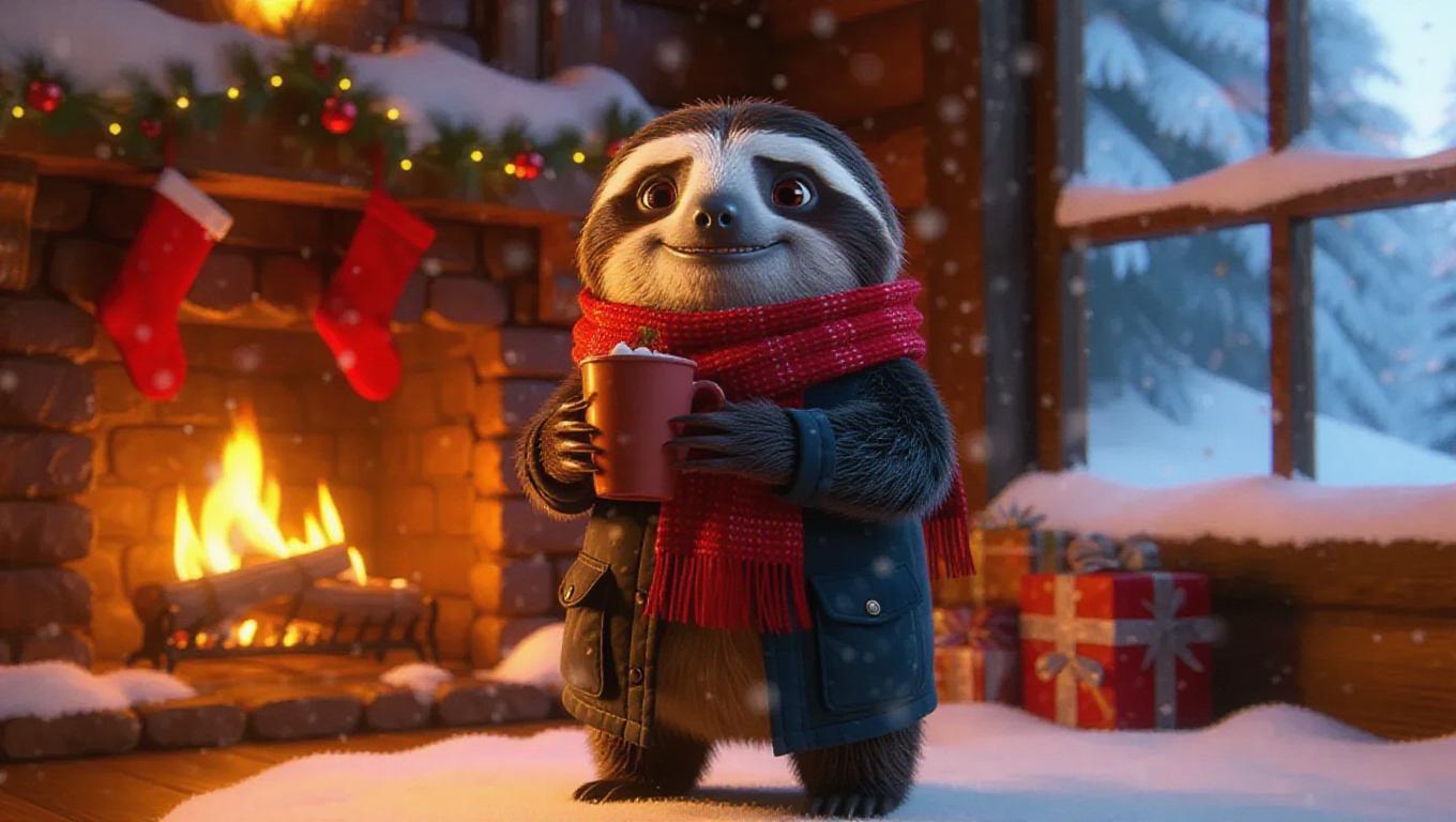 A 3D sloth image wearing a winter coat, standing upright on two legs ...
