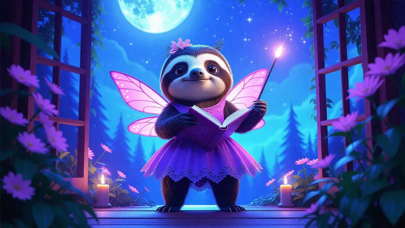 A 3D sloth image wearing a fairy costume, standing upright on two legs ...