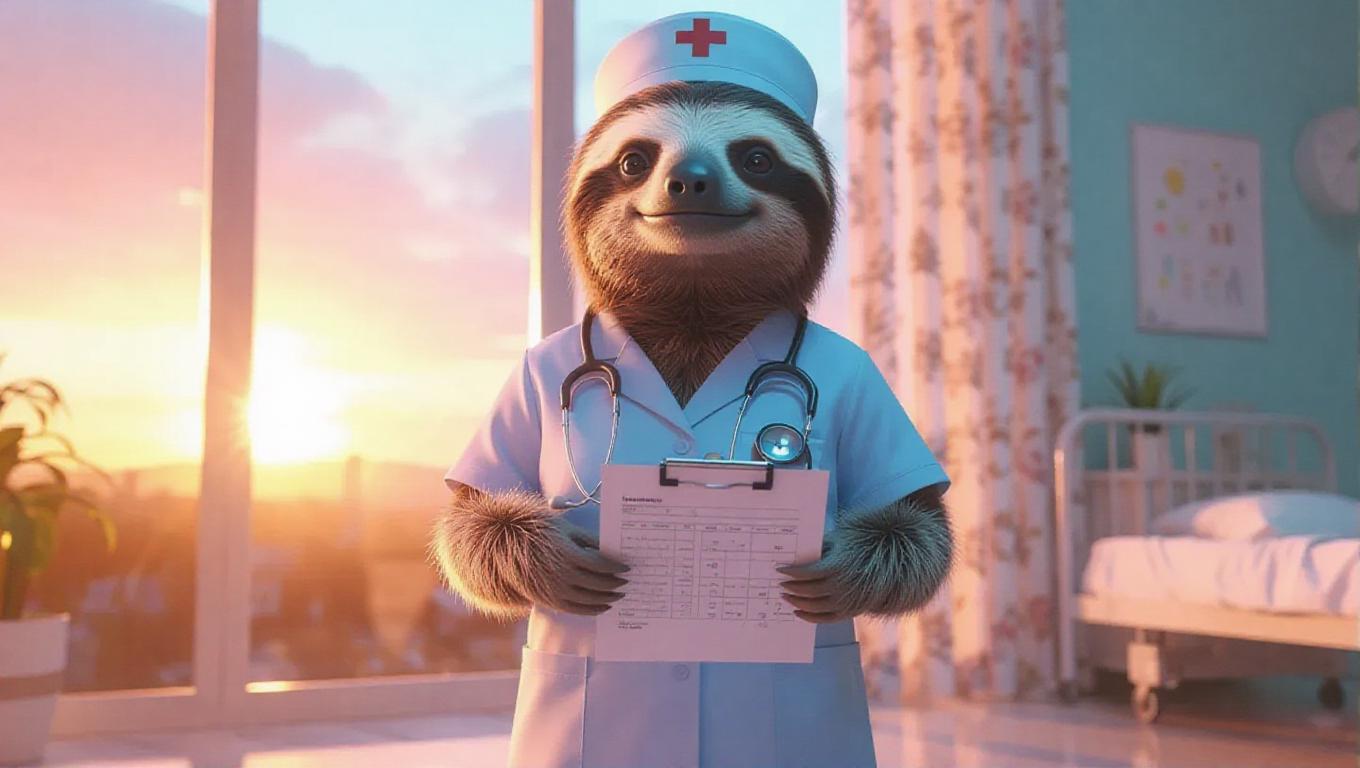 A 3D sloth image wearing a nurse uniform, standing upright on two legs ...