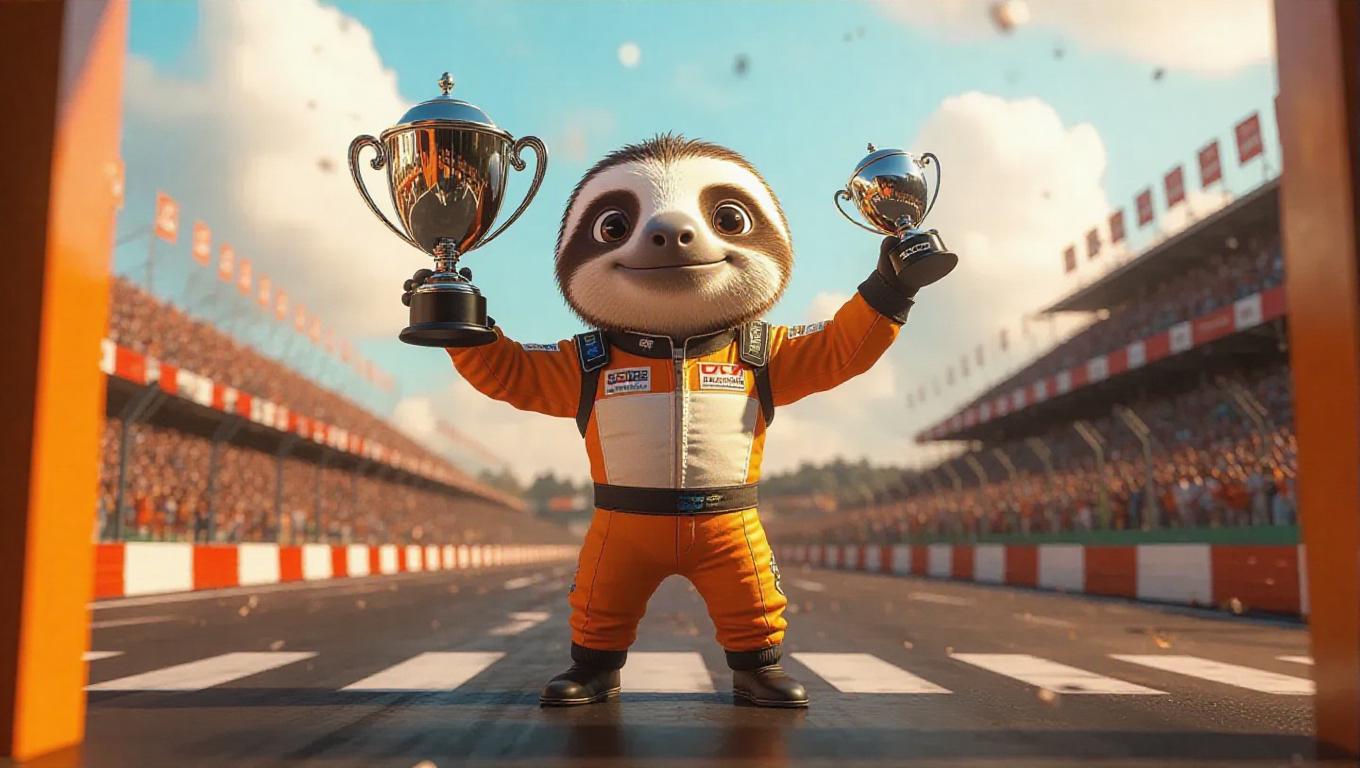 A 3D sloth image wearing a racing suit, standing upright on two legs ...