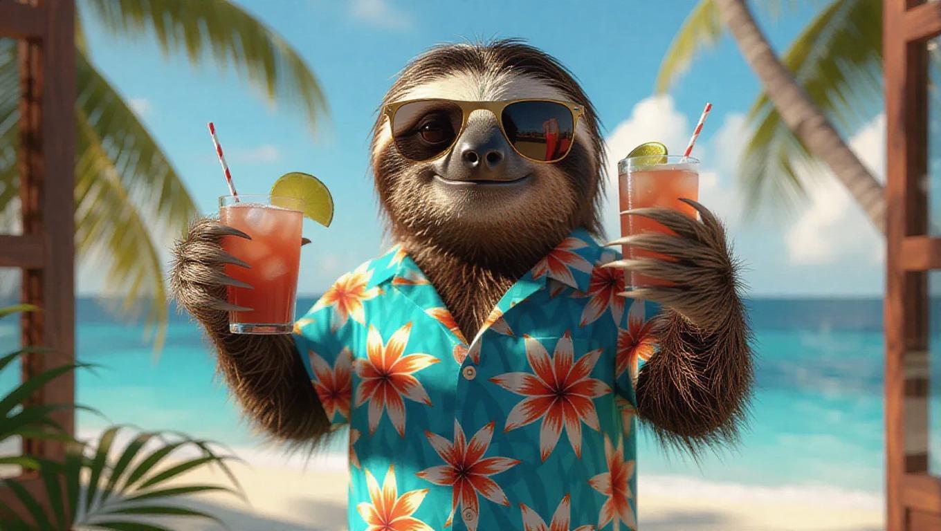 A 3D sloth image wearing a tropical shirt, standing upright on two legs ...