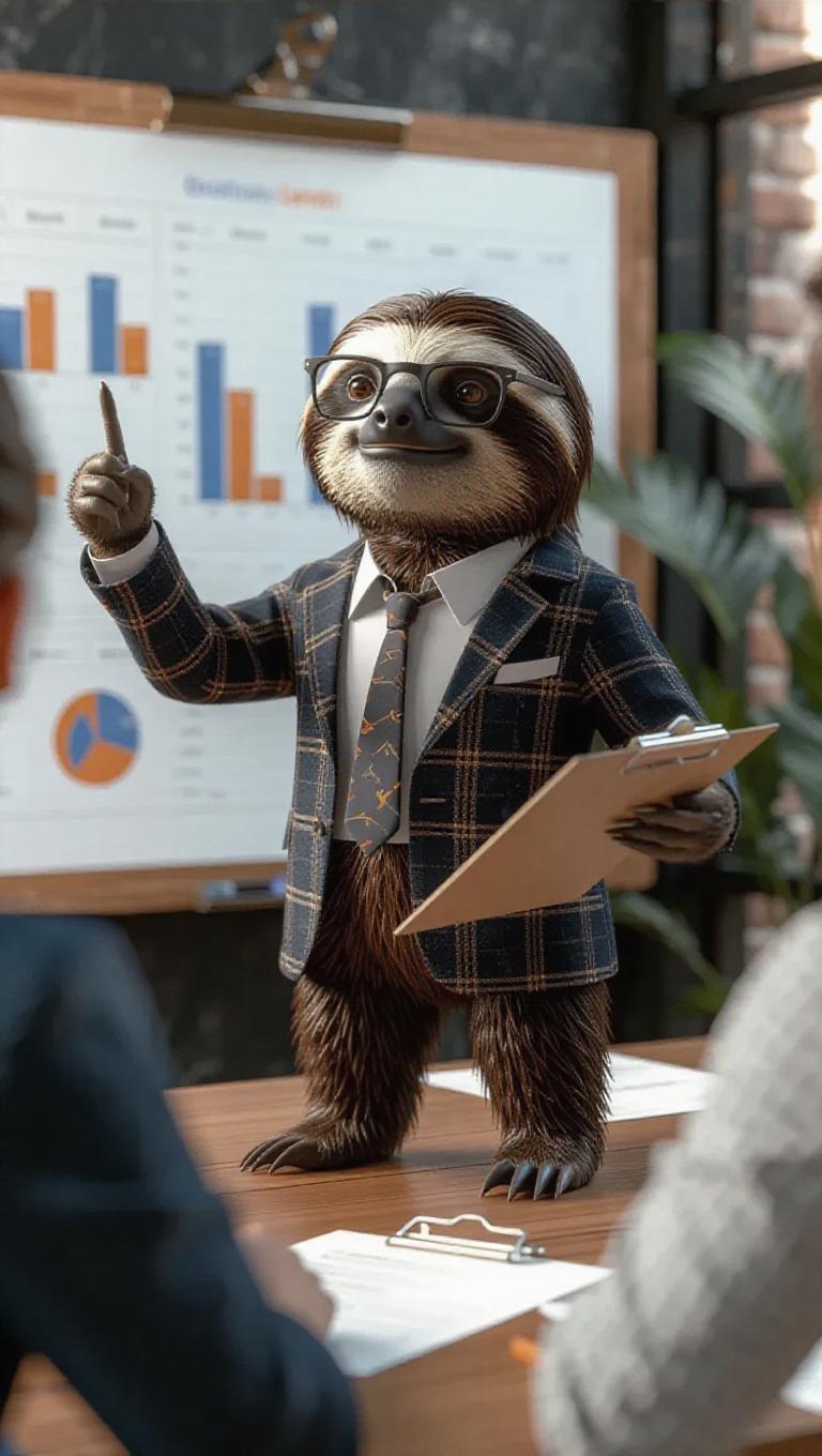 A 3D sloth image wearing a project manager's blazer and glasses ...