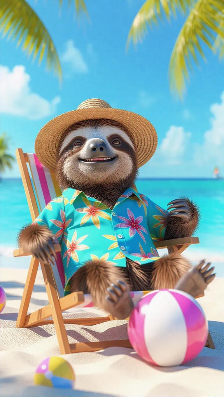 A 3D sloth image wearing a colorful Hawaiian shirt and floppy hat ...