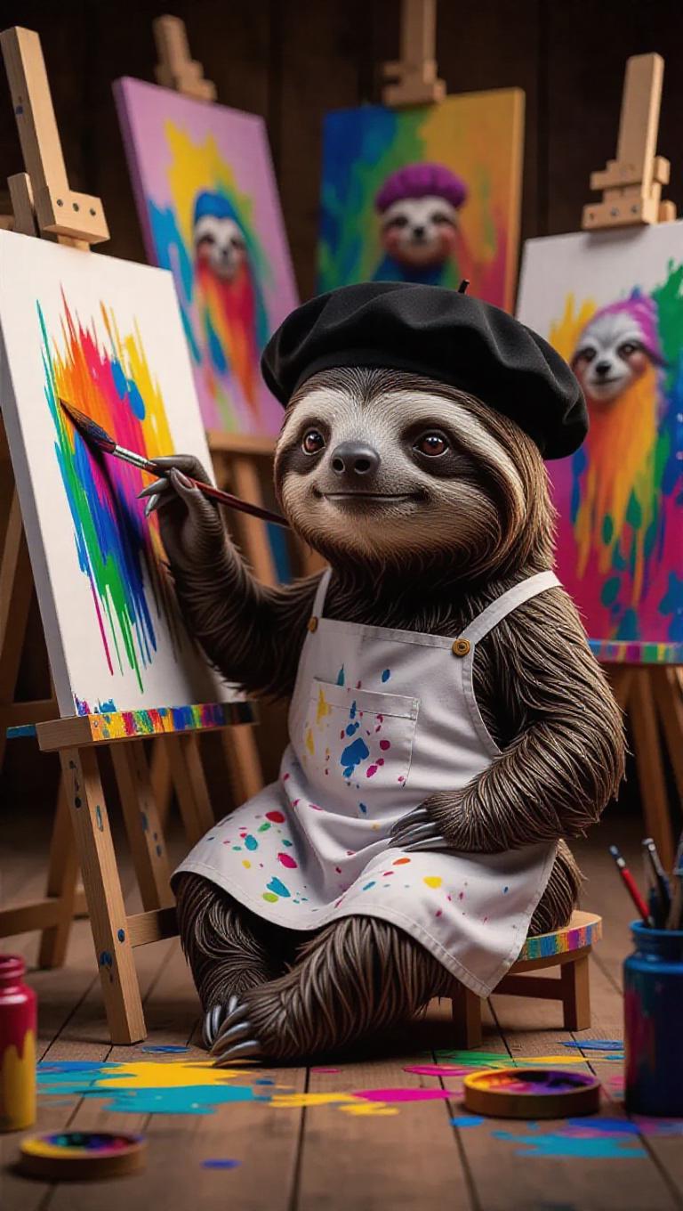 A 3D sloth image wearing an artist's smock and beret, sitting in front ...