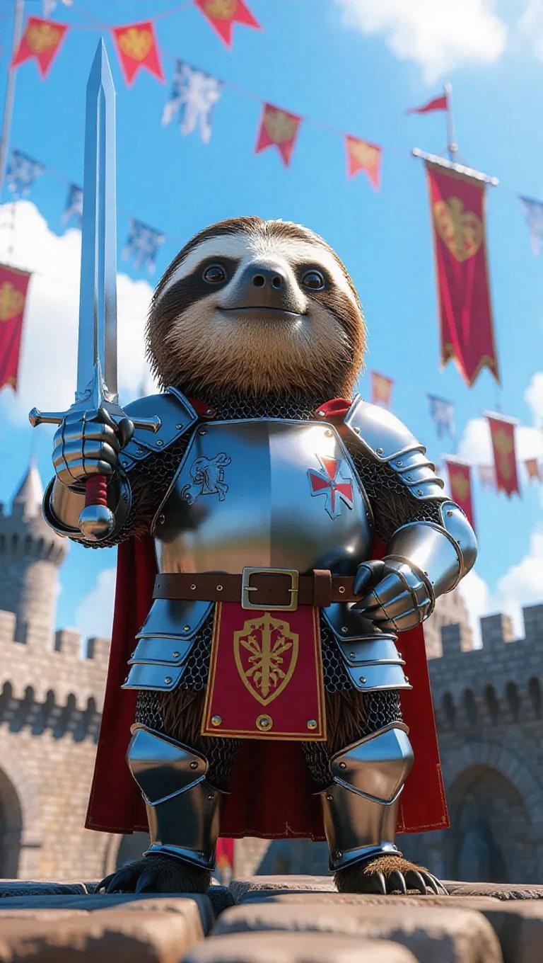 A 3D sloth image dressed as a knight in armor, standing proudly with a ...