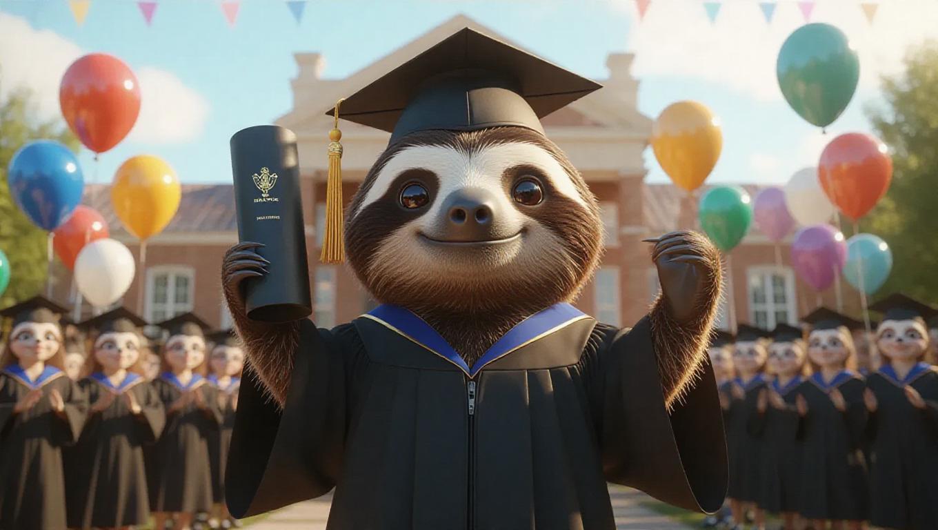 A 3D sloth image wearing a graduation cap and gown, holding a diploma ...