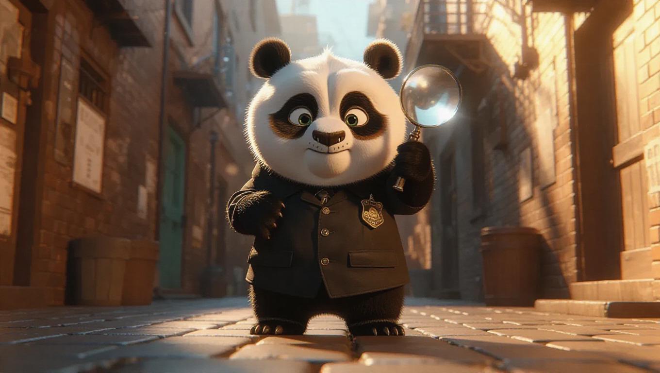 A 3D panda image wearing a detective's outfit, standing upright on two ...