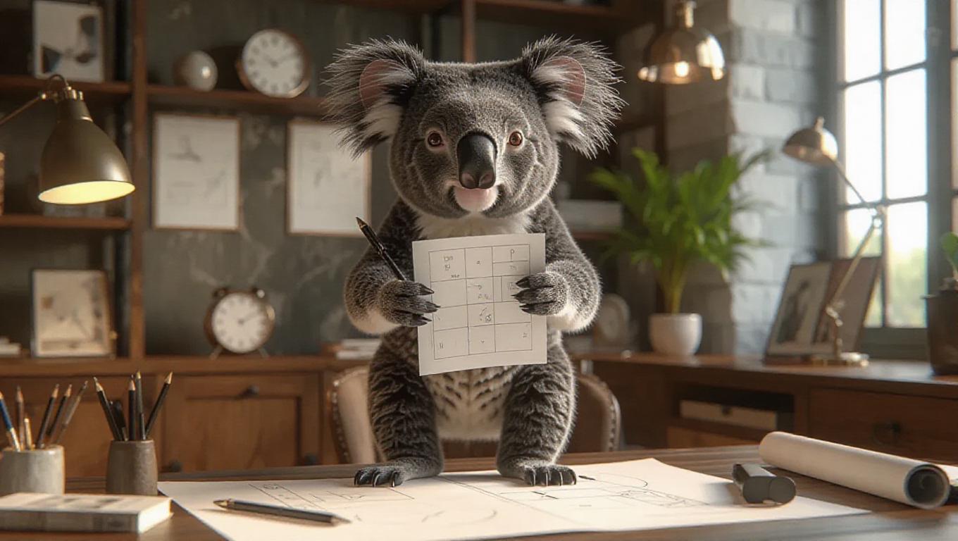 A 3D koala image wearing a graphic designer's elegant outfit, standing ...