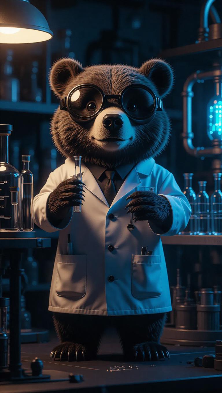 A 3D bear image wearing a scientist's lab coat and goggles, standing ...