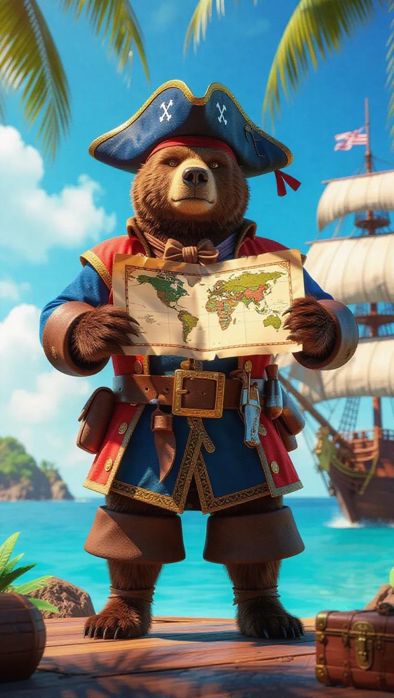 A 3D bear image wearing a pirate's costume, standing upright on two ...