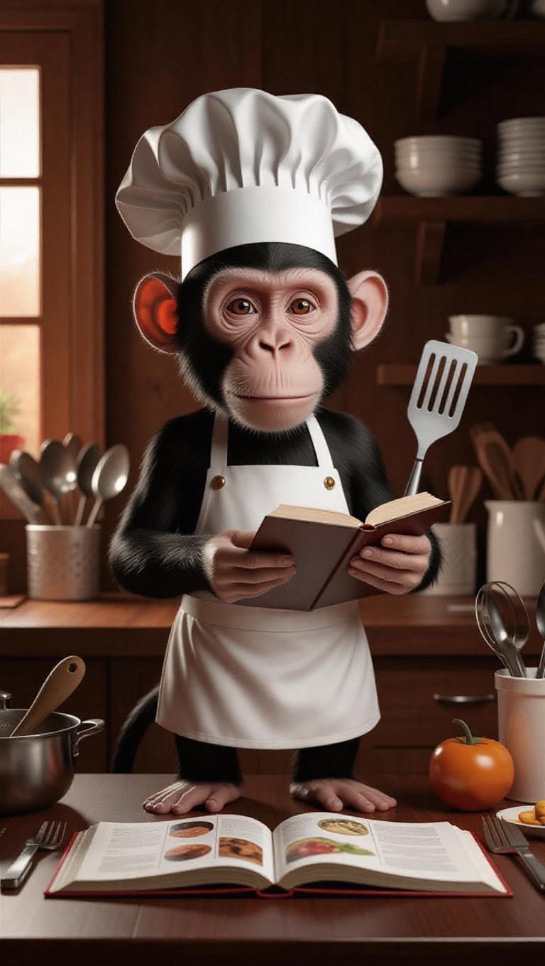 A 3D monkey image wearing a chef's hat and apron, standing upright on ...