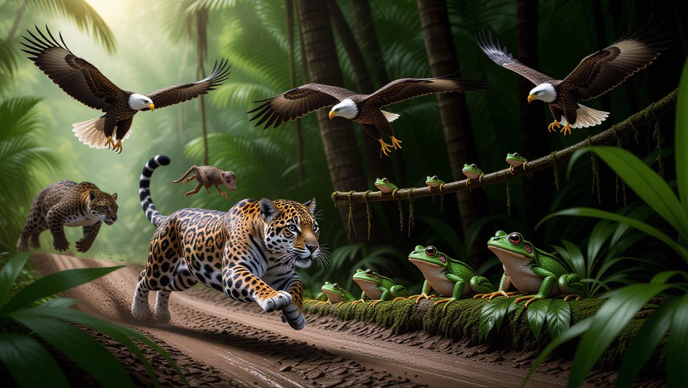 In a lush jungle environment, a variety of animals are engaged in ...