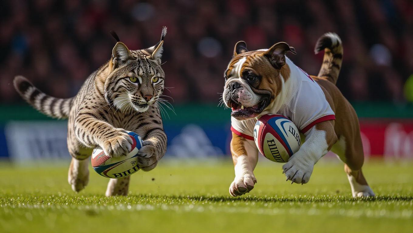 In a vibrant rugby field, a lynx and a bulldog are engaging in a ...
