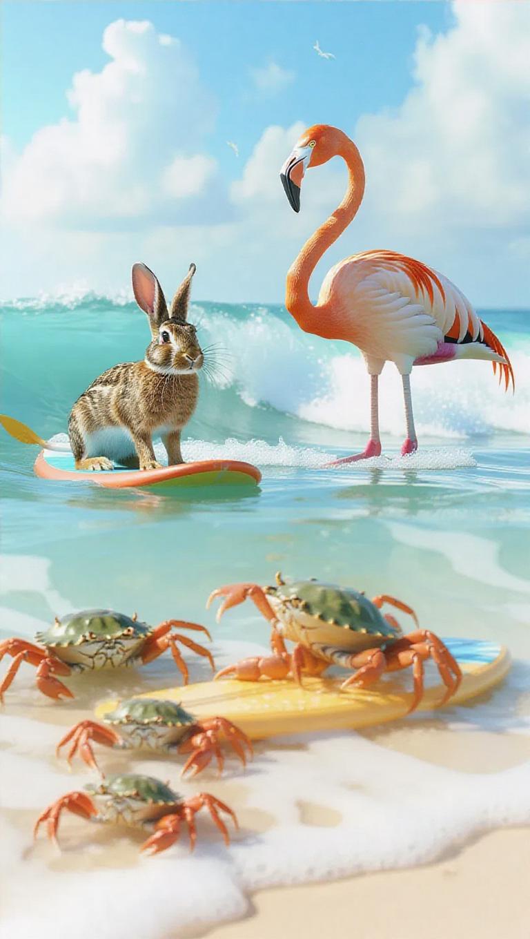 A playful paddleboarding adventure on a sunny beach, with a rabbit ...