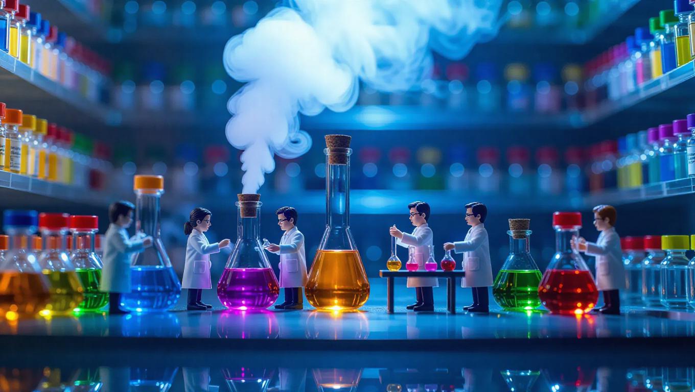 A team of miniature scientists in lab coats is conducting experiments ...