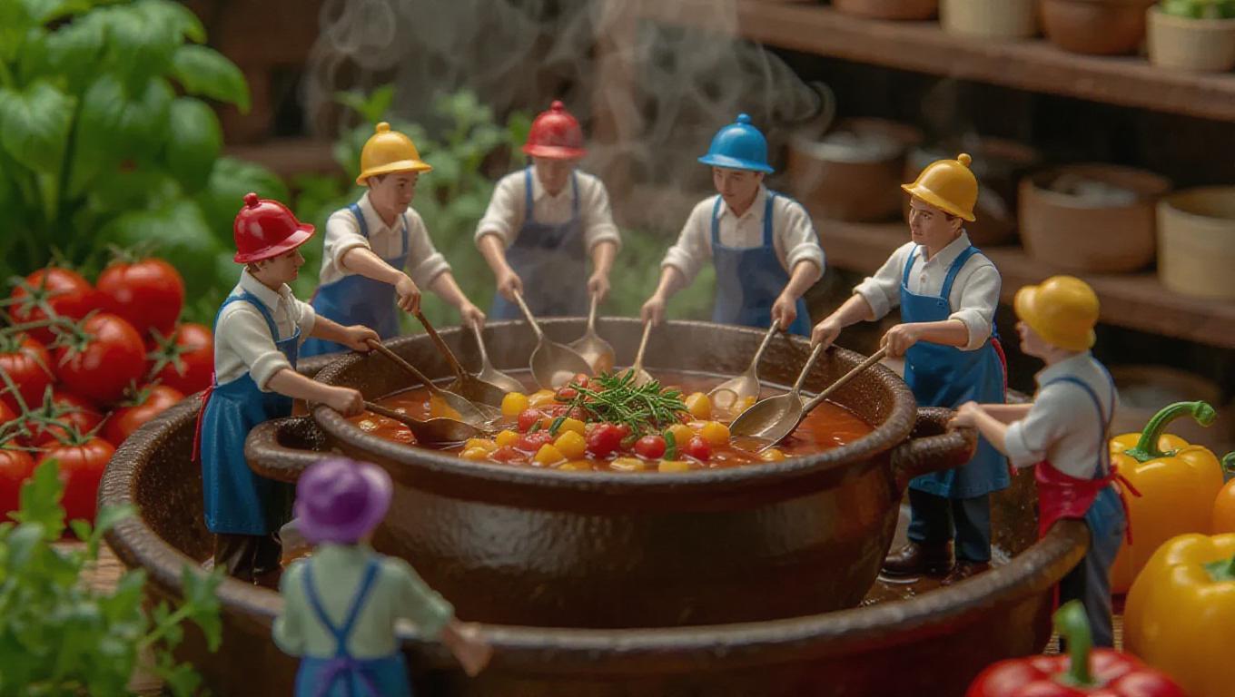 A crew of miniature artisans in vibrant hats and aprons is working in a ...