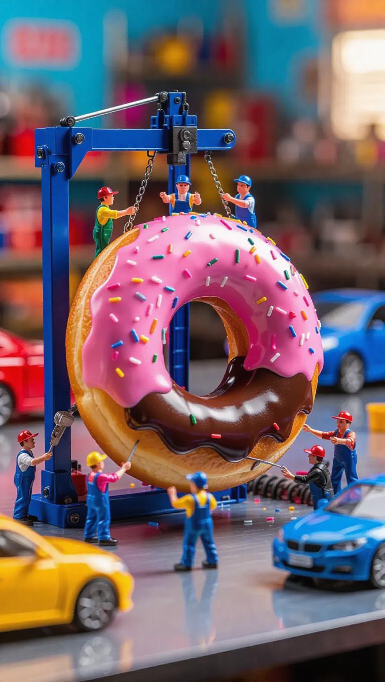 Shell Donut Car A lively car workshop where a giant donut car is being assembled by ...