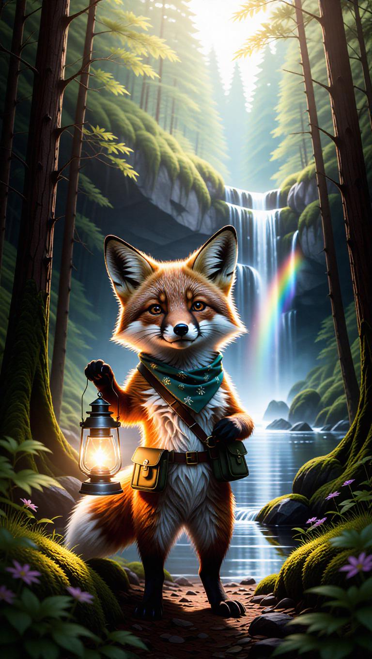 A playful fox stands at the edge of a dense forest, holding a glowing ...