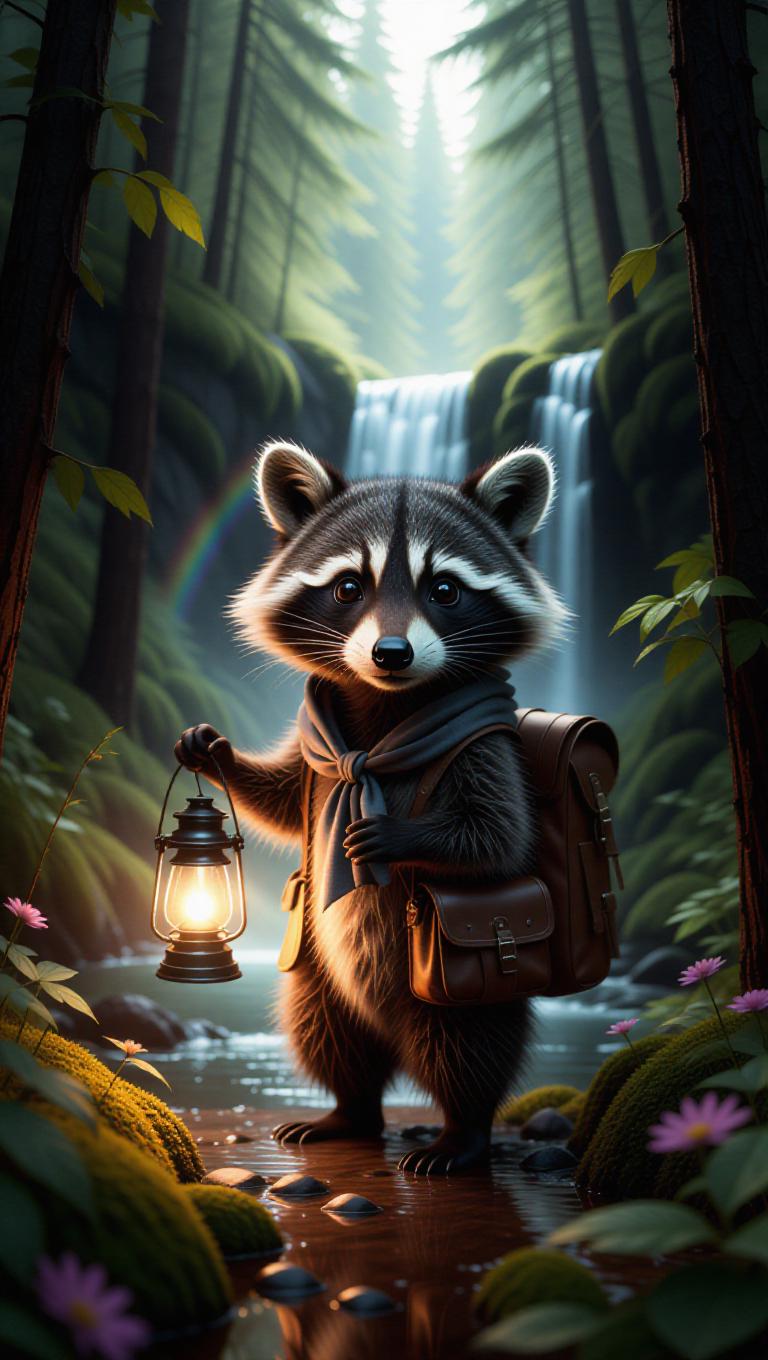 Foreshadow Racoon A curious raccoon stands at the edge of a misty forest, holding a ...