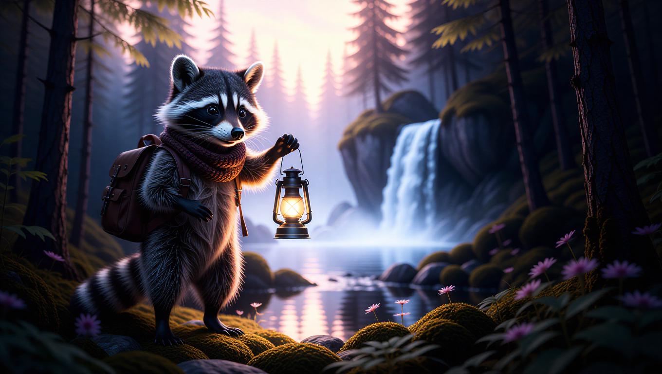Text Effect Raccoon An adventurous raccoon stands at the edge of a dreamy forest, holding a ...