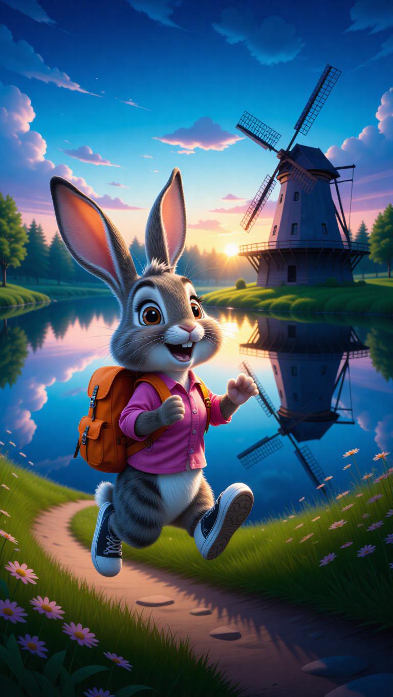 A cartoon rabbit hops excitedly on a grassy trail, holding an orange ...