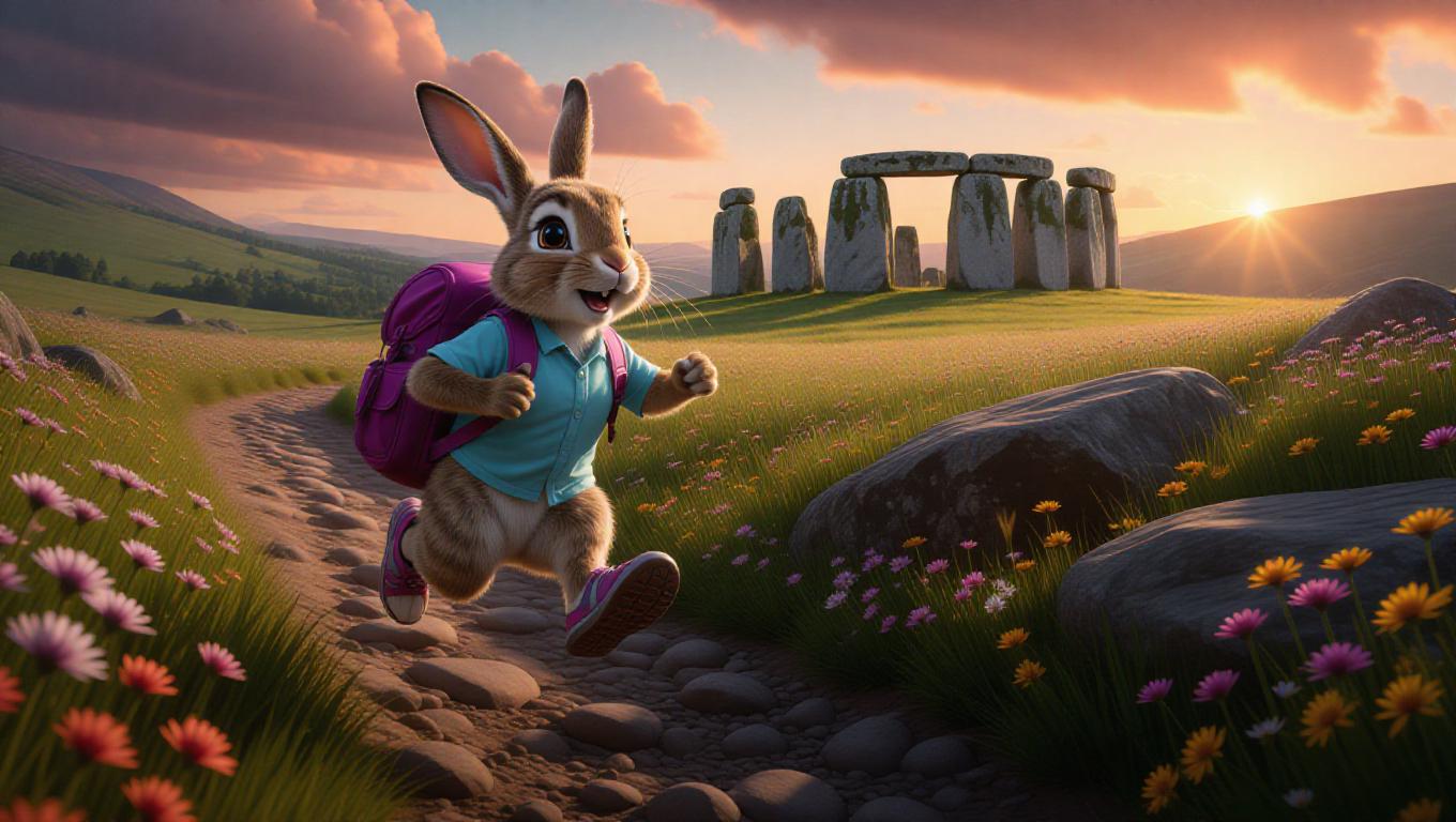 A cartoon rabbit leaps playfully on a rocky trail, holding a berry ...