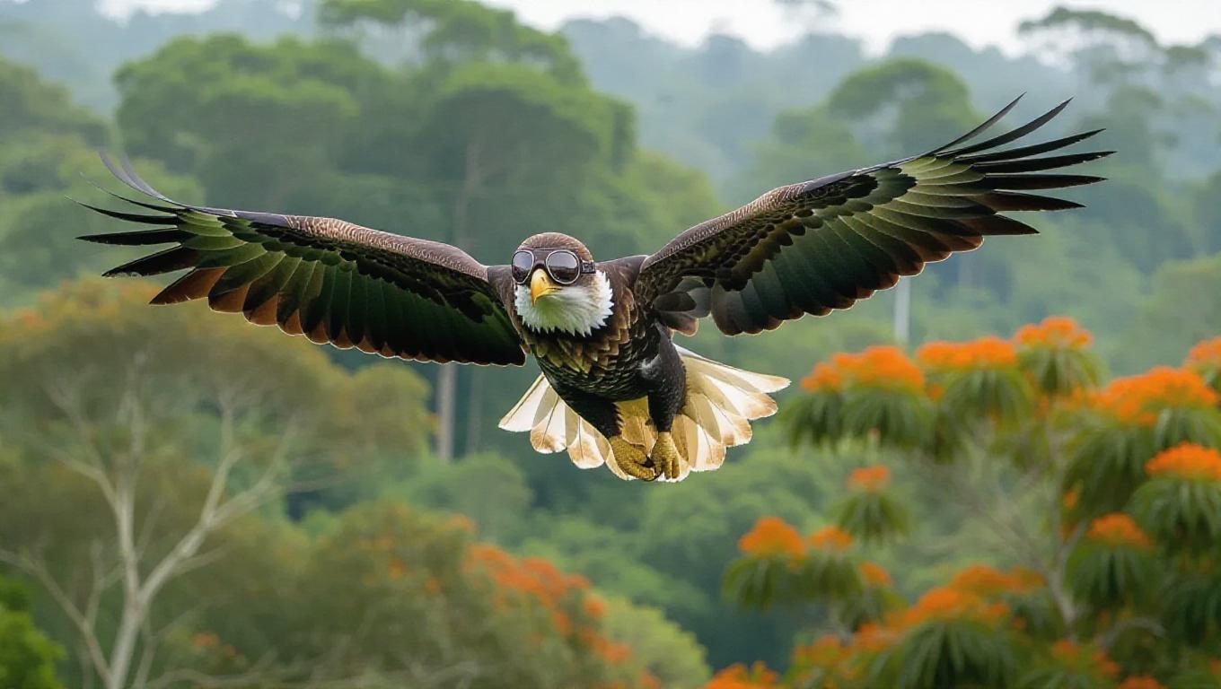 A majestic eagle soars above the treetops in the Amazon Rainforest ...