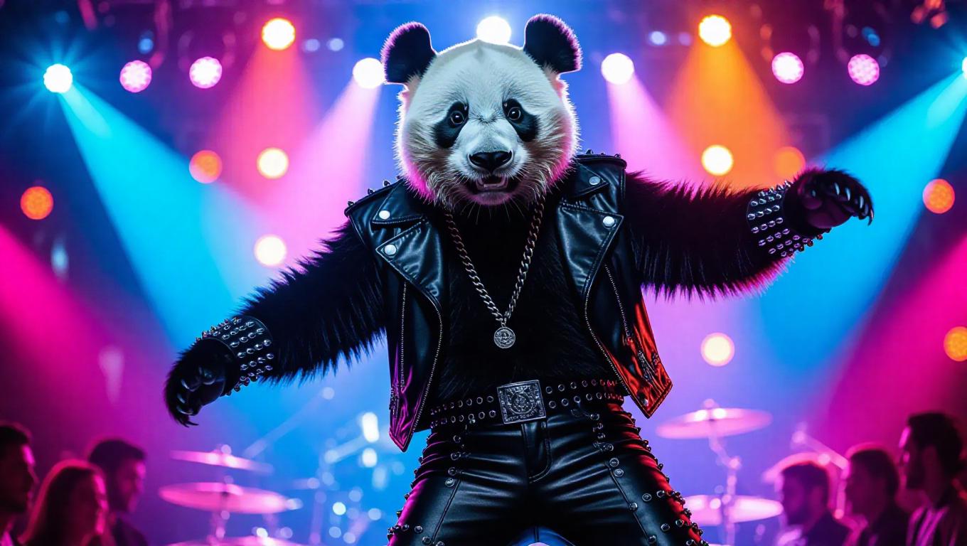 Panda Rave A daring panda spins playfully down a fashion runway, embodying ...