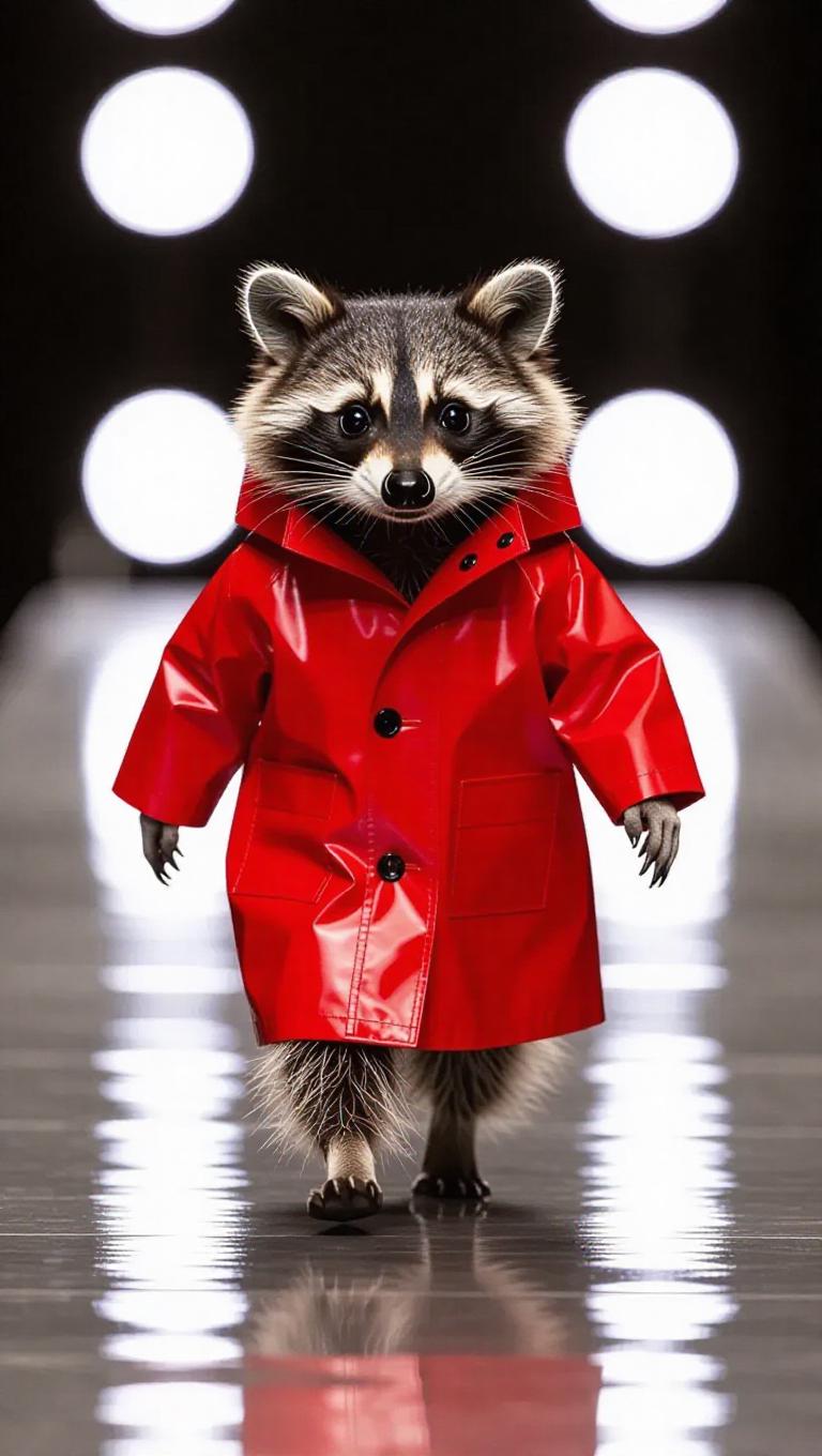 Reb Racoon The curious raccoon, wearing a bright red raincoat, ambles down the ...