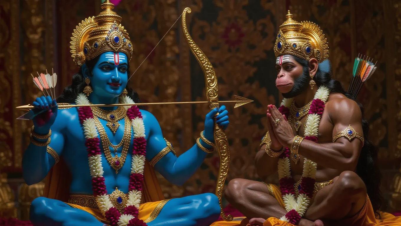 Lord Rama with radiant blue skin, adorned in exquisite golden jewelry ...