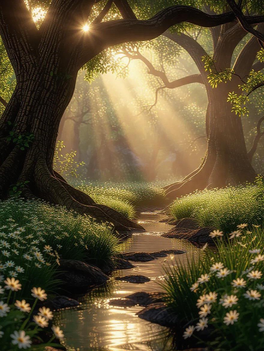 A serene forest clearing bathed in golden sunlight, towering ancient ...