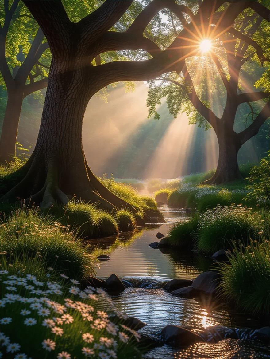 A serene forest clearing bathed in golden sunlight, towering ancient ...