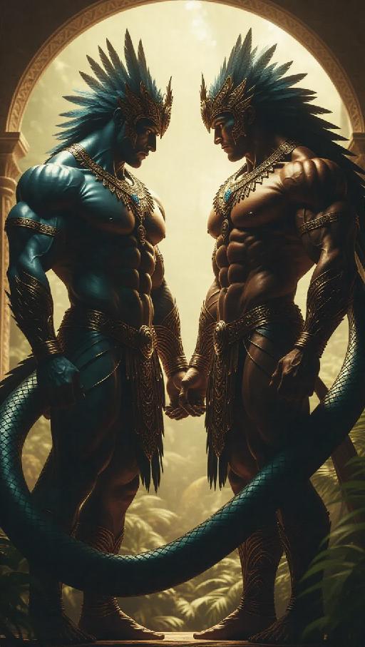Quezel and Quetal the twin feathered serpent gods AI effects generated image