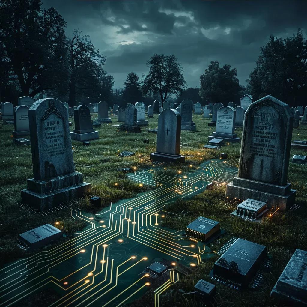 AI-Generated Graveyard with Computer CPU Tombstones & Motherboard ...