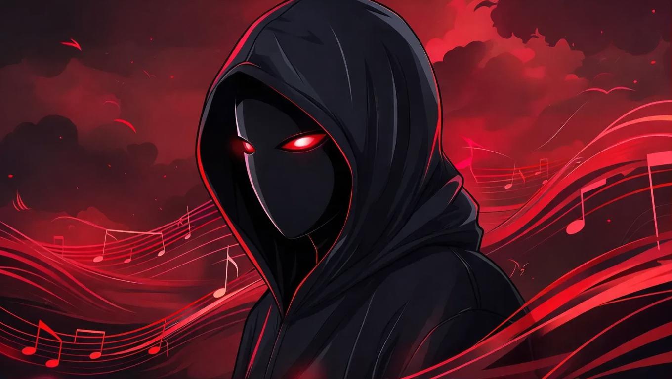 AI-Generated Cartoon Black Hooded Figure with Red Glowing Eyes & Sound ...