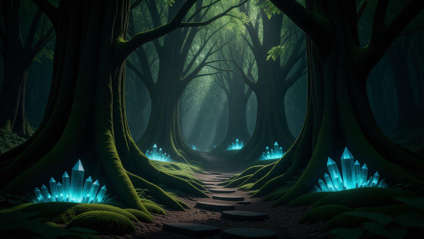 A mystical forest enchanted with glowing crystal formations, softly ...