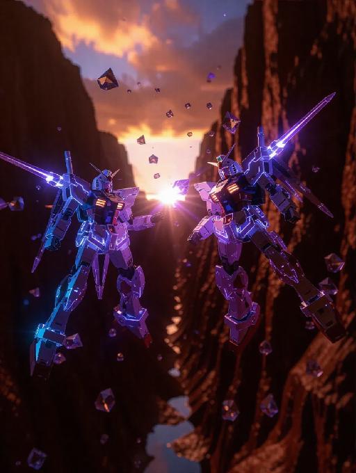 mpt: In a floating crystal canyon, two shimmering  AI effects generated image